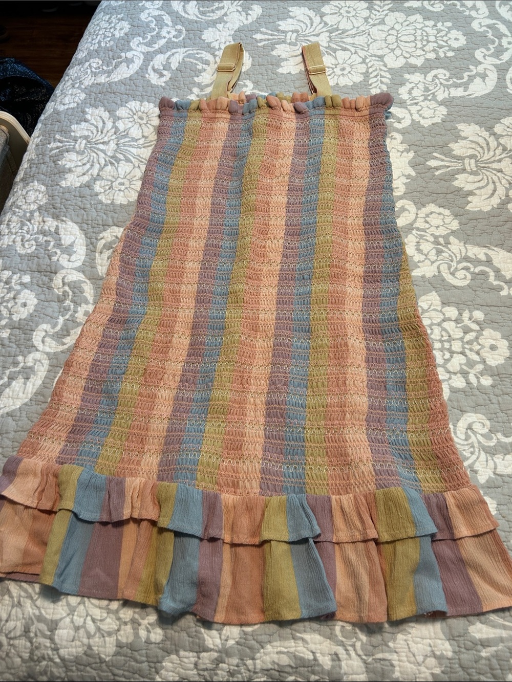 Striped Pastel Smocked Midi Skirt with Ruffle Hem